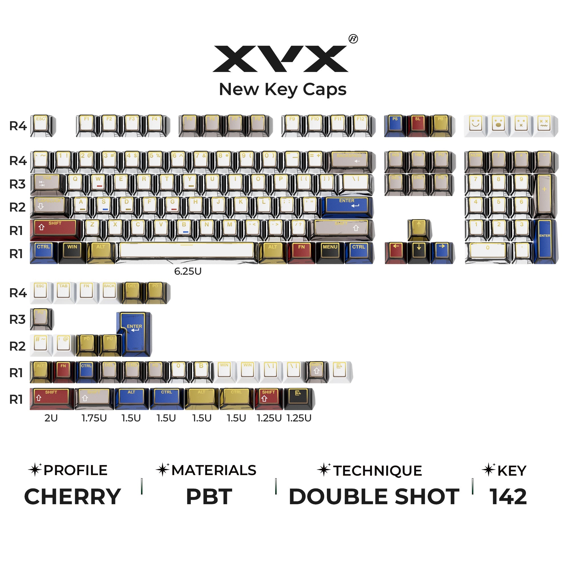 XVX PRISM Shine-Through Double-Shot Cherry Profile 142-Key PBT Keycap Set