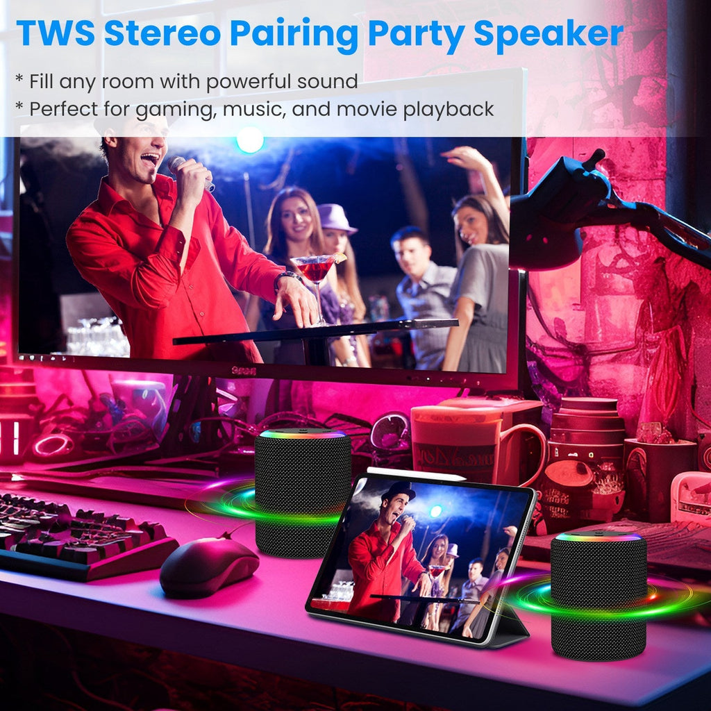 Portable Wireless Speaker Outdoor Party Speaker Mini Waterproof Speaker with 7 RGB Lights Support Calling TWS AUX In MMC Card Input