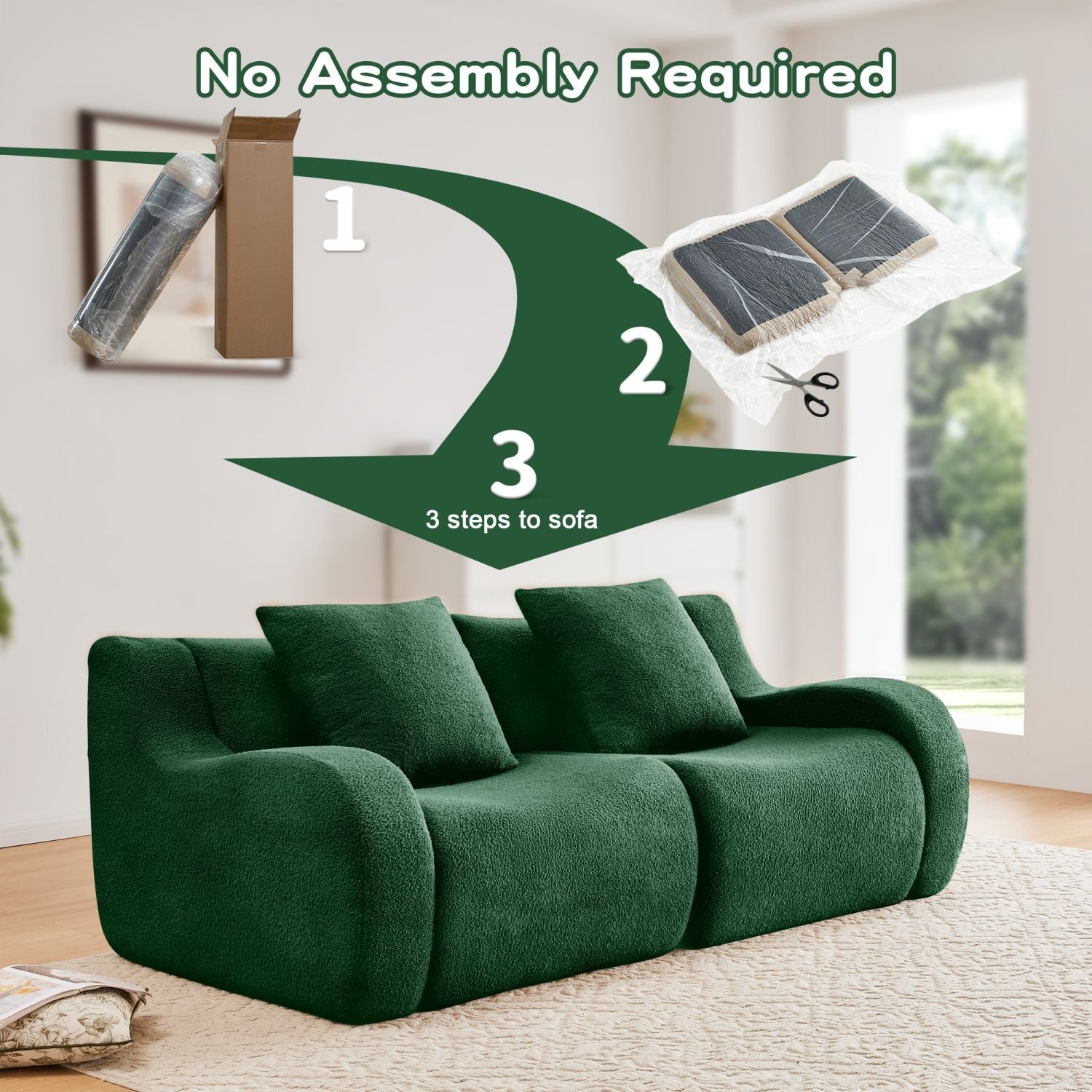 Soft Teddy Fabric Boneless Sofa,No Assembly Required Streamlined Design,Anti-Slip Design 32D High Density Sponge Fits Living Rooms Bedrooms,Green