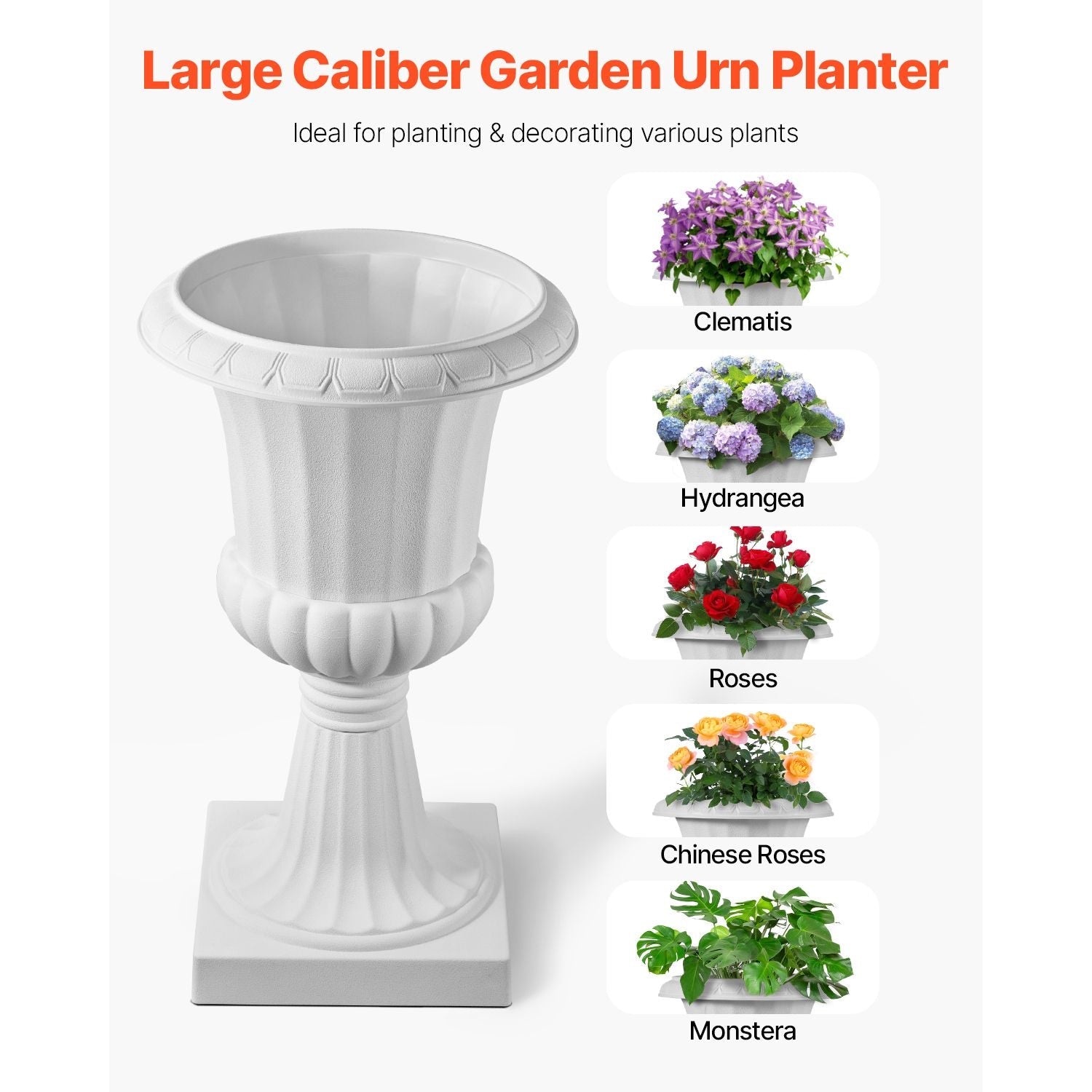 Plastic Urn Planters, 15.8 x 26.4 Inch, 2 Pack White Classic Flower Pots Front Porch Planters, Indoor & Outdoor Vase for Wedding, Party, Event, Home, Stage, Garden, Balcony, Patio Decoration