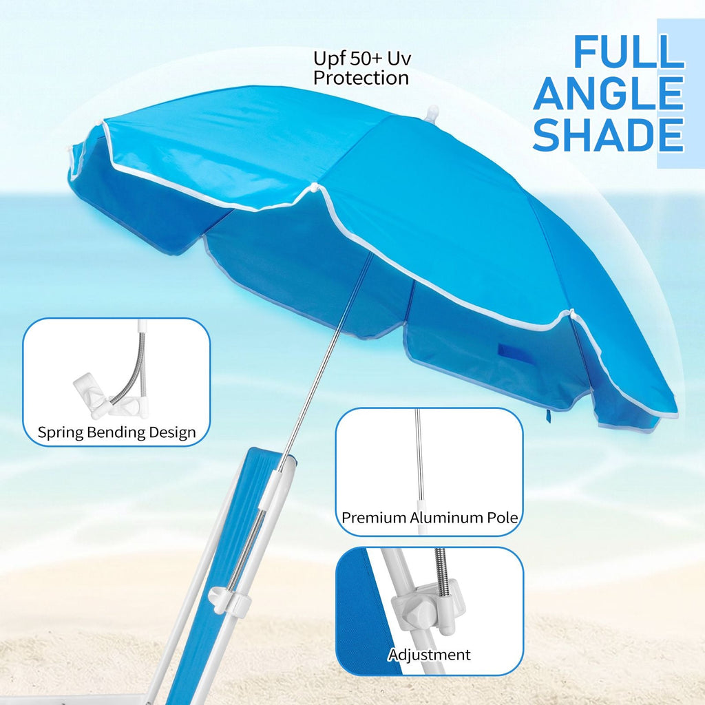 1 Pack Heavy Duty Steel Beach Chair with Umbrella, XL Size 15" Seat Height Royal Blue, Oxford Cloth with Support Bar, Single Position Adjustable, 120kg Load
