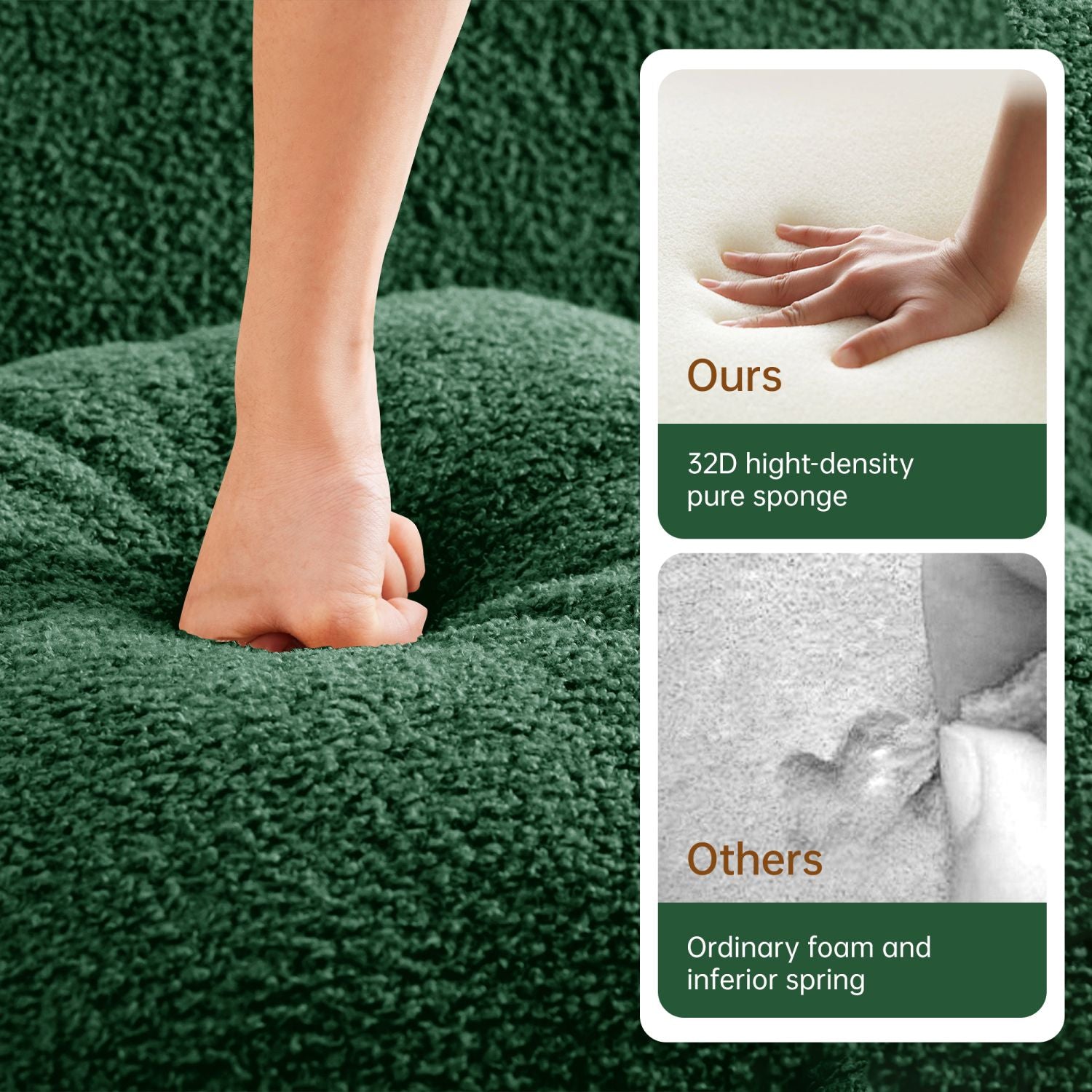 Soft Teddy Fabric Boneless Sofa,No Assembly Required Streamlined Design,Anti-Slip Design 32D High Density Sponge Fits Living Rooms Bedrooms,Green