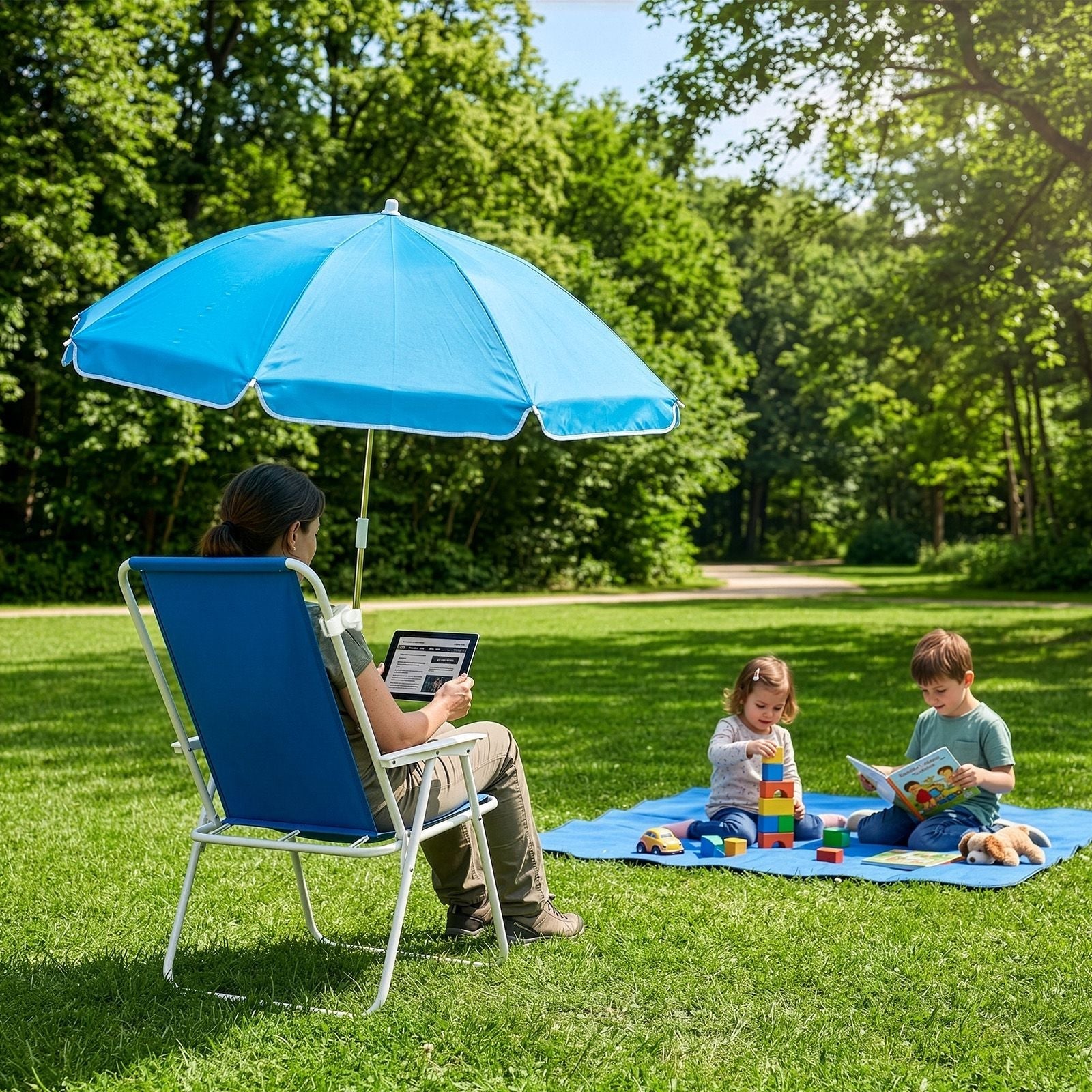 1 Pack Heavy Duty Steel Beach Chair with Umbrella, XL Size 15" Seat Height Royal Blue, Oxford Cloth with Support Bar, Single Position Adjustable, 120kg Load