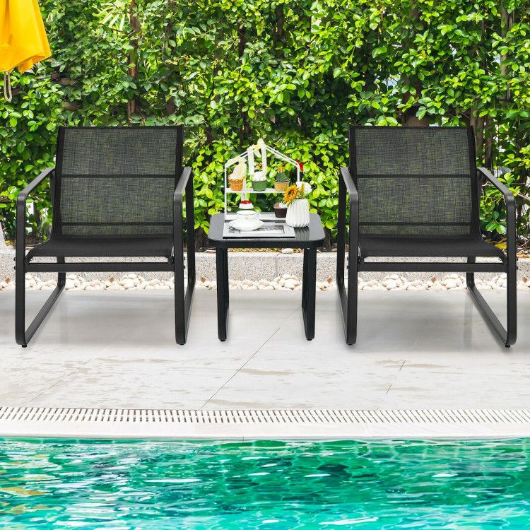 3 Pieces Patio Bistro Furniture Set with Glass Top Table Garden Deck