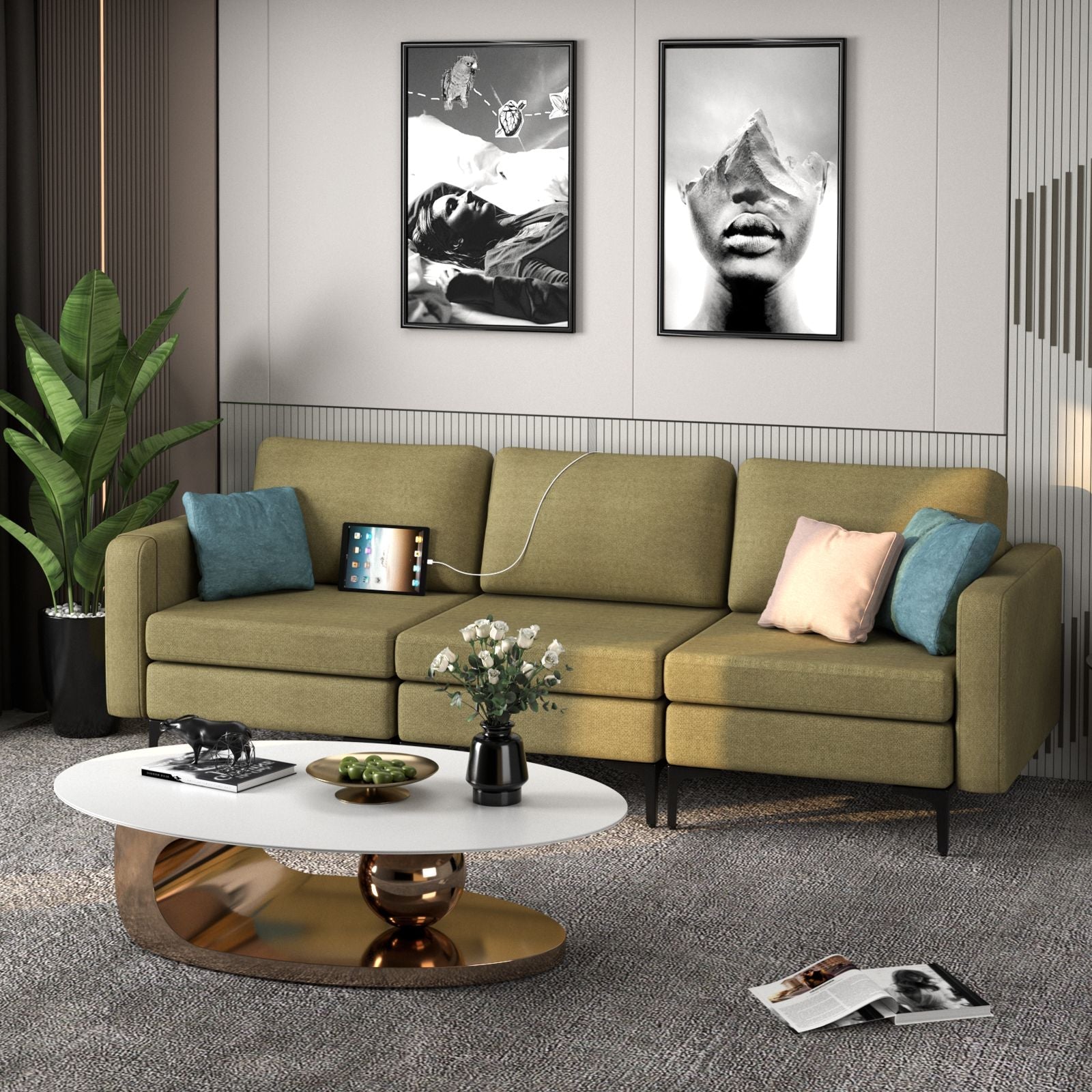 Convertible Sofa Couch with Magazine Pockets 3-Seat with 2 USB Port