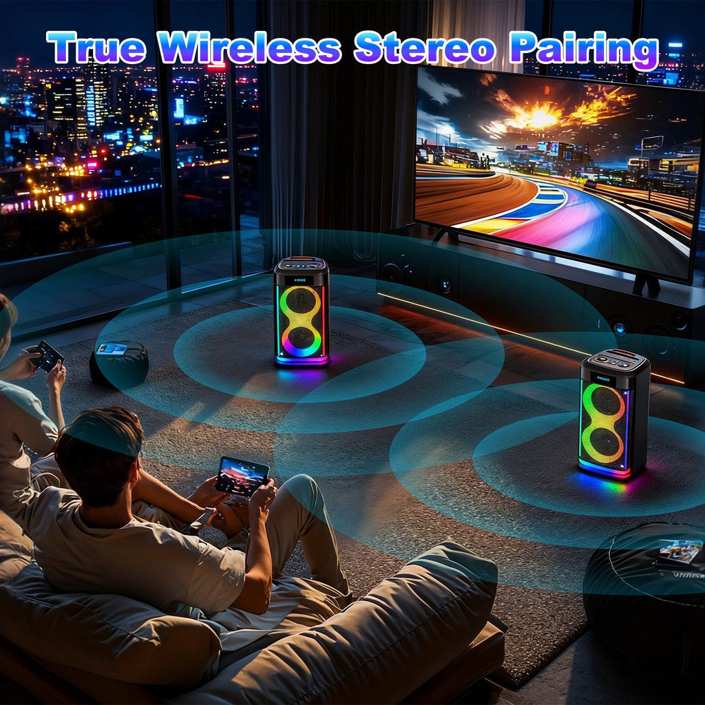Portable Wireless Party Speaker with LED Light Wireless Mic Remote Control TWS Treble Bass Mic. Echo Music Accompany Mic. Priority Guitar In