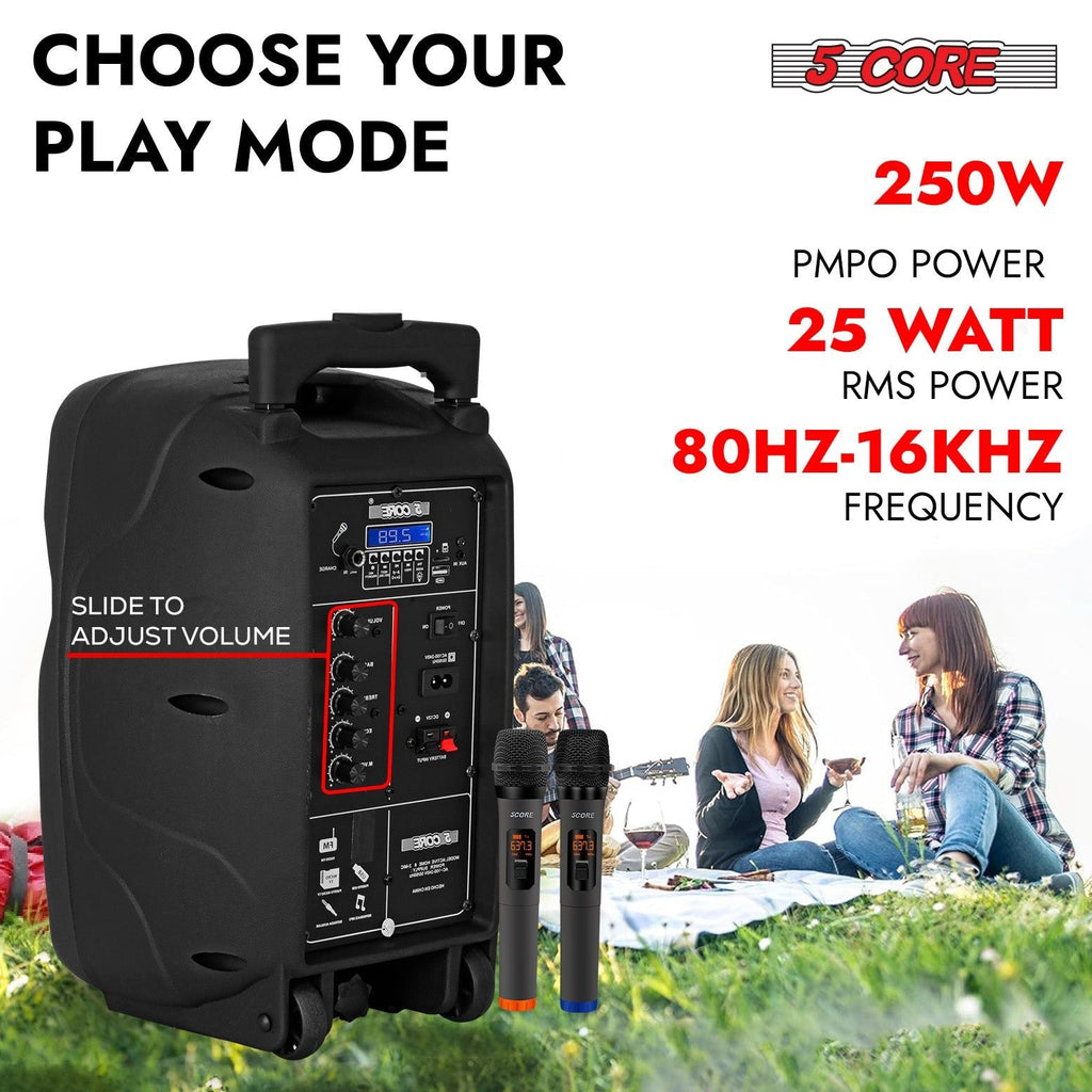 5 Core Party Speaker Bluetooth 250W Big Monster Powered Rechargeable Outdoor PA DJ System w Disco Lights 2 Wireless Karaoke Mics Portable Rolling Speakers w Handle Black - ACTIVE HOME 8 2-MIC
