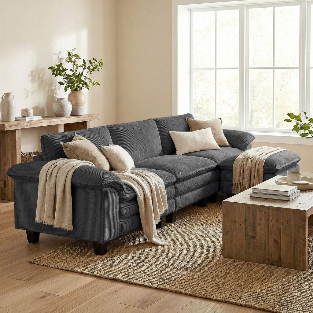 Sectional Sofa, L Shaped Couch with Deep Seat, Movable Ottoman and Pillow-top Armrests, Dark Gray