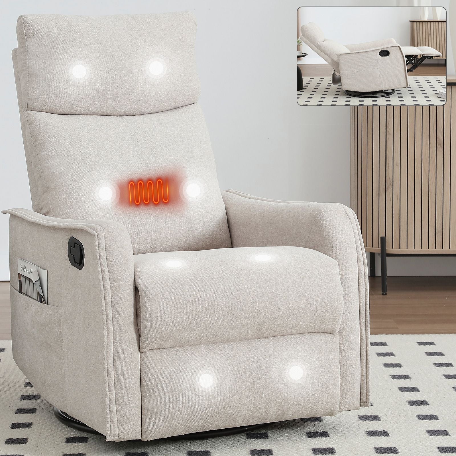 Heat Massage Manual Recliner Chair with Rocker and Swivel in Fabric for Living Room, Beige