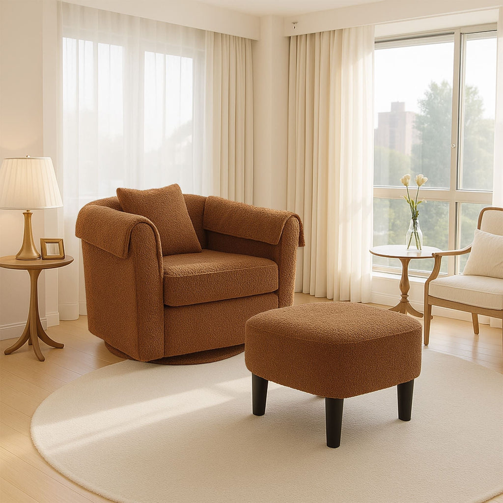 Swivel Accent Chair with Ottoman Set, Modern Chenille Barrel Armchair with Removable Back Pillow & 2 Armrest Covers for Living Room, Bedroom, Office, Yellow