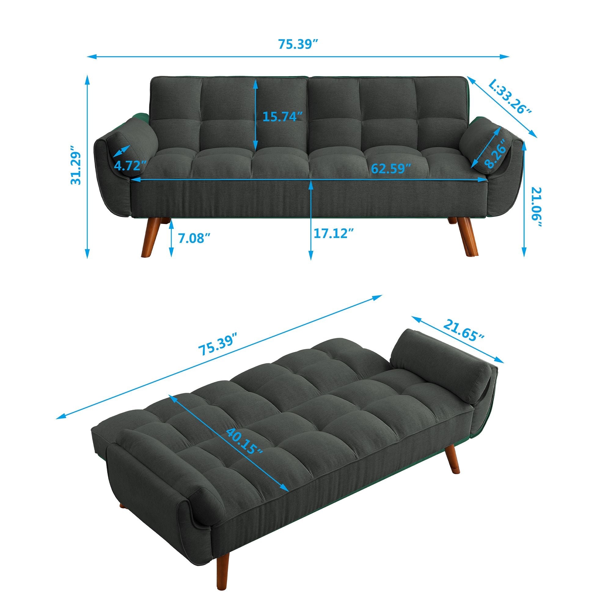 75" Flared Arm Convertible Sleeper Sofa-Dark Gray