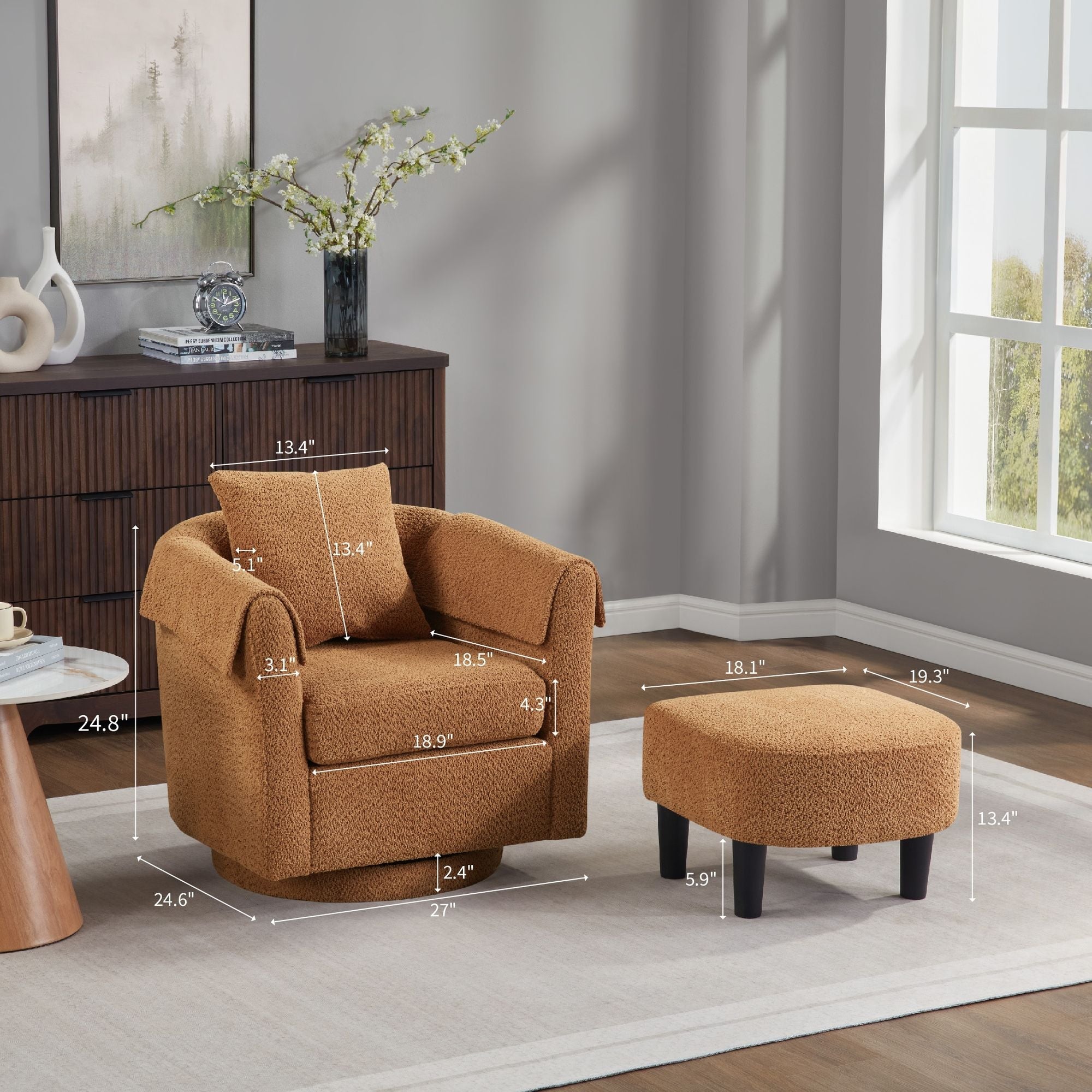 Swivel Accent Chair with Ottoman Set, Modern Chenille Barrel Armchair with Removable Back Pillow & 2 Armrest Covers for Living Room, Bedroom, Office, Yellow
