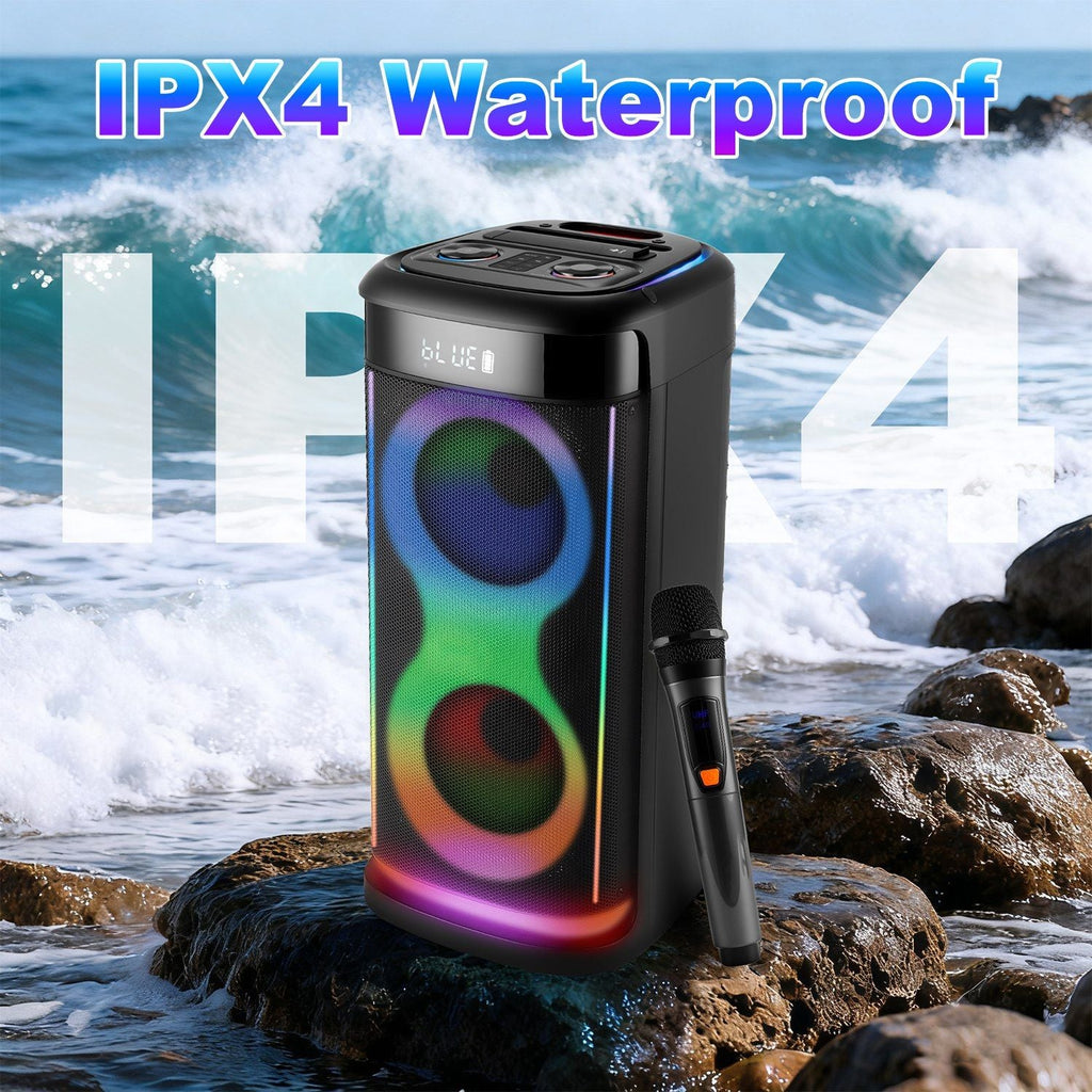 Portable Wireless Party Speaker with LED Light Wireless Mic Remote Control TWS Treble Bass Mic. Echo Music Accompany Mic. Priority Guitar In