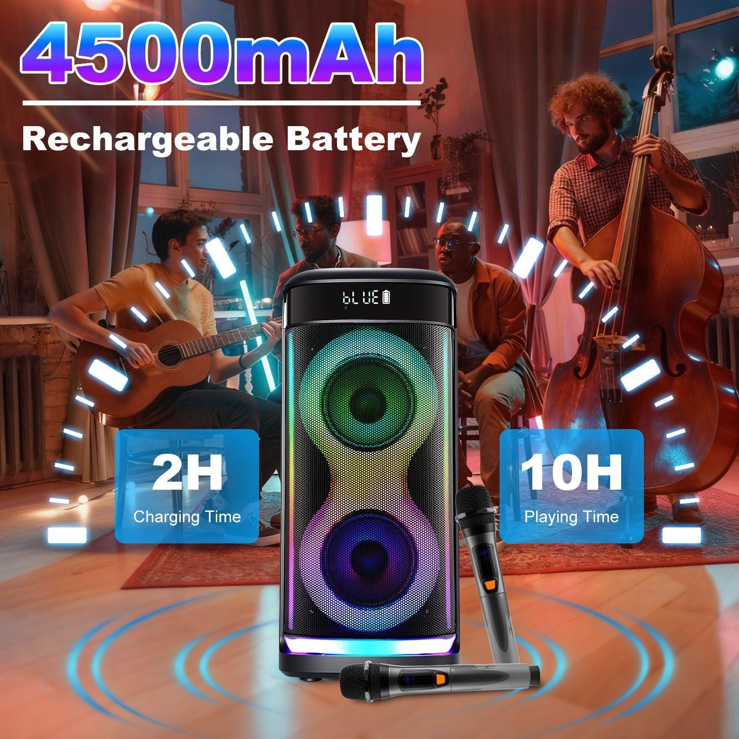 Portable Wireless Party Speaker with LED Light Wireless Mic Remote Control TWS Treble Bass Mic. Echo Music Accompany Mic. Priority Guitar In