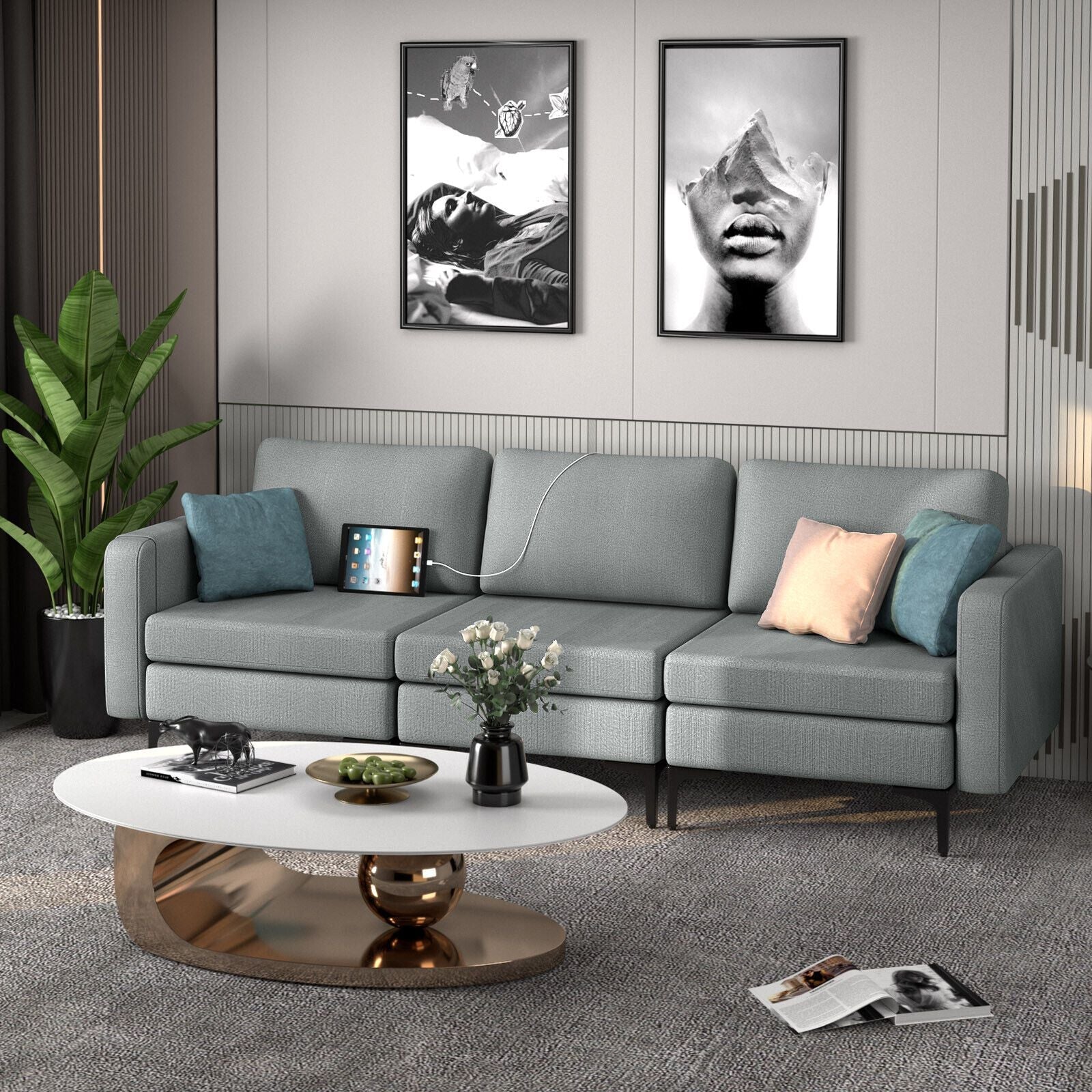 Convertible Sofa Couch with Magazine Pockets 3-Seat with 2 USB Port