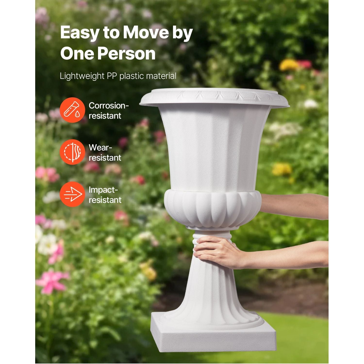 Plastic Urn Planters, 15.8 x 26.4 Inch, 2 Pack White Classic Flower Pots Front Porch Planters, Indoor & Outdoor Vase for Wedding, Party, Event, Home, Stage, Garden, Balcony, Patio Decoration