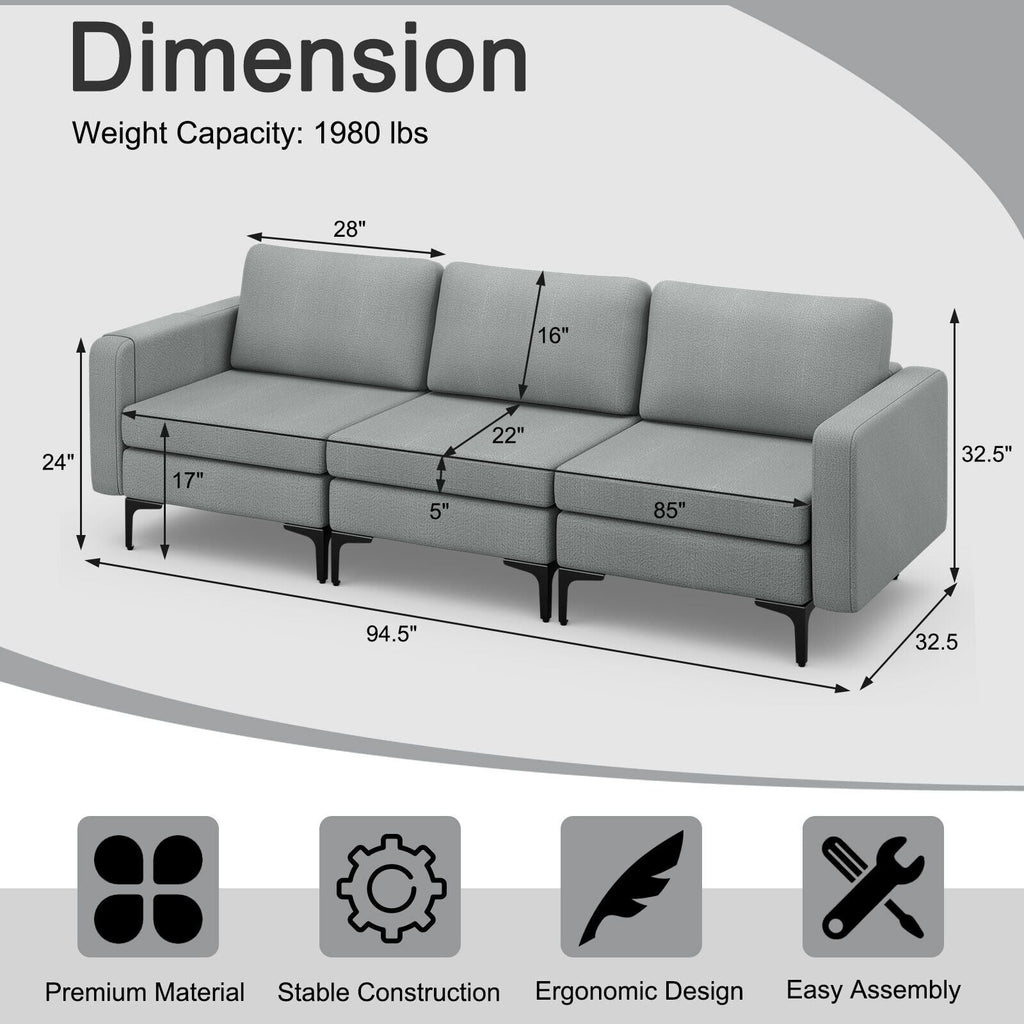 Convertible Sofa Couch with Magazine Pockets 3-Seat with 2 USB Port