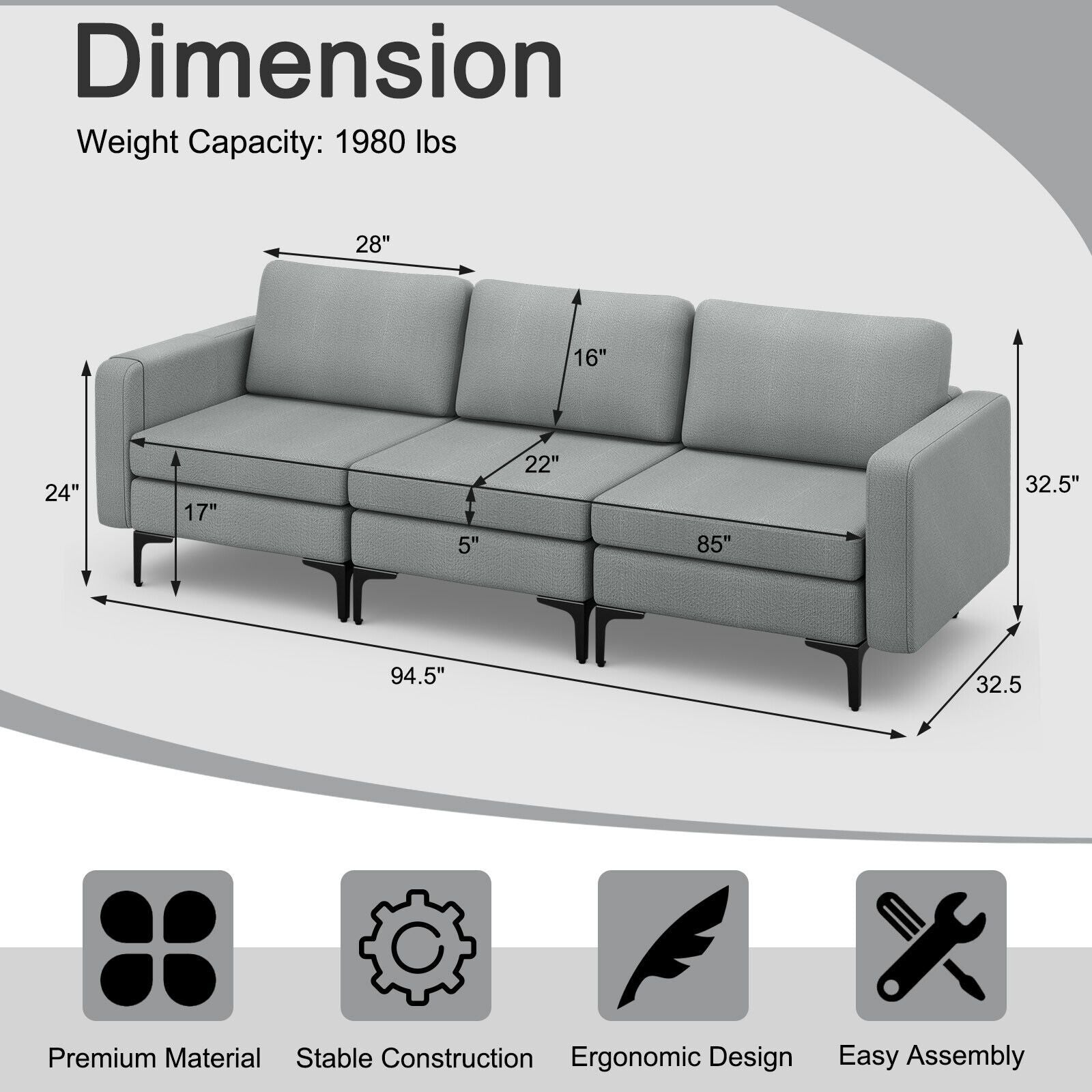 Convertible Sofa Couch with Magazine Pockets 3-Seat with 2 USB Port