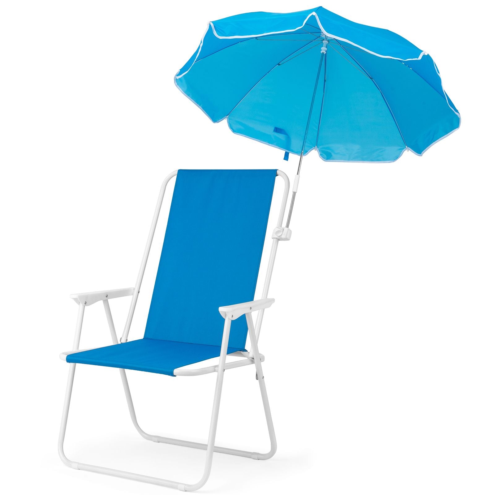 1 Pack Heavy Duty Steel Beach Chair with Umbrella, XL Size 15" Seat Height Royal Blue, Oxford Cloth with Support Bar, Single Position Adjustable, 120kg Load