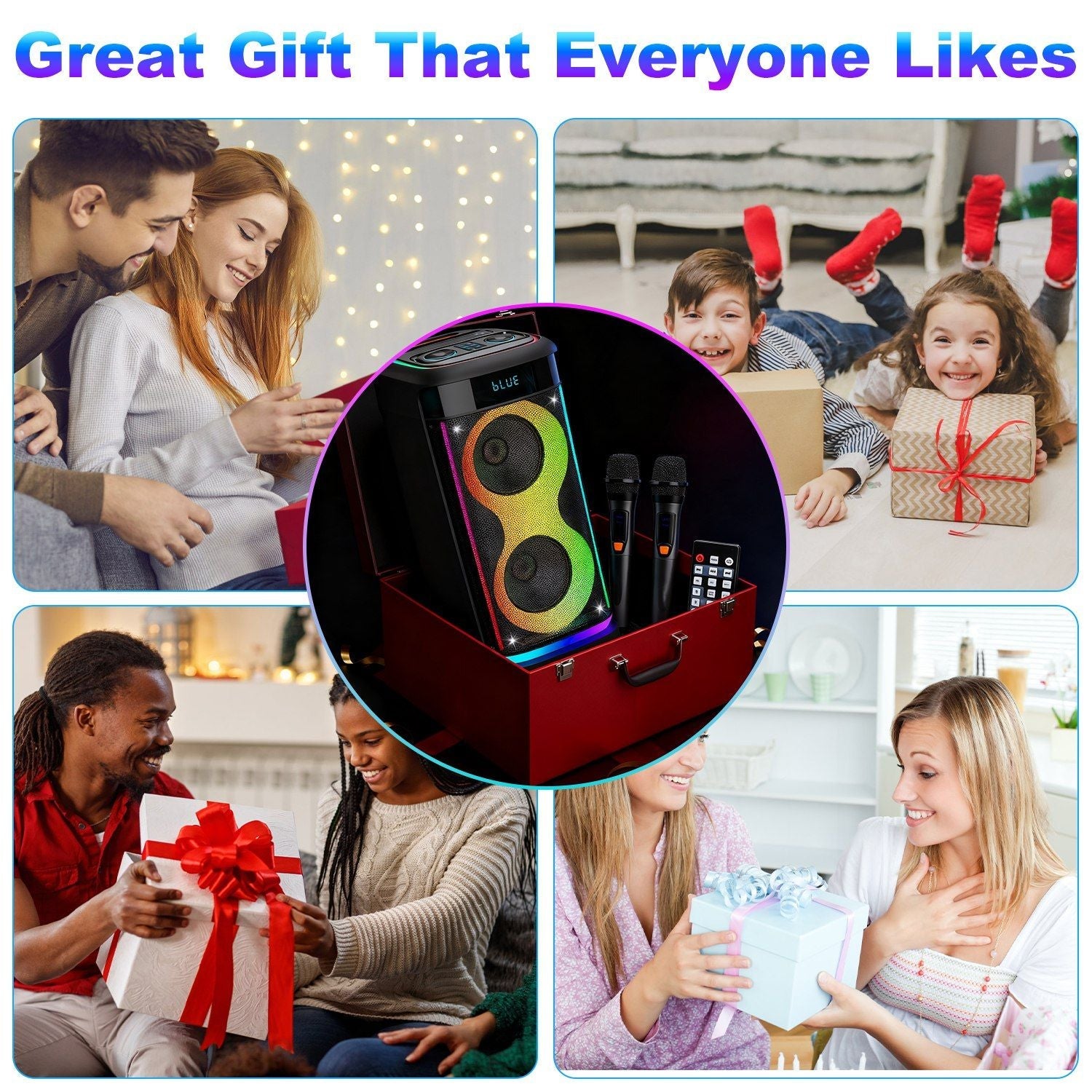 Portable Wireless Party Speaker with LED Light Wireless Mic Remote Control TWS Treble Bass Mic. Echo Music Accompany Mic. Priority Guitar In