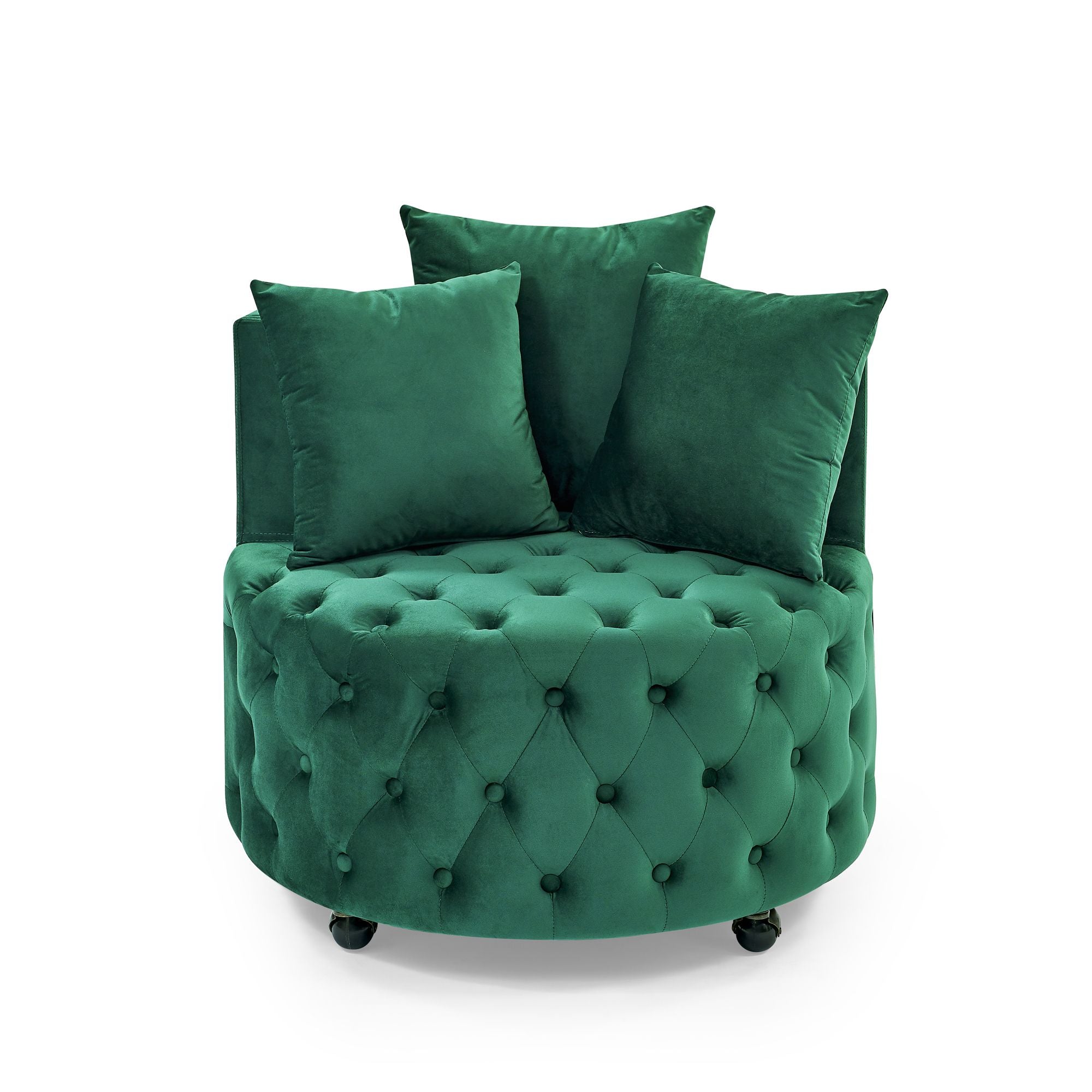 Velvet Upholstered Swivel Chair for Living Room, with Button Tufted Design and Movable Wheels, Including 3 Pillows