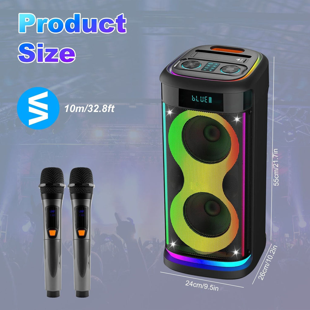 Portable Wireless Party Speaker with LED Light Wireless Mic Remote Control TWS Treble Bass Mic. Echo Music Accompany Mic. Priority Guitar In