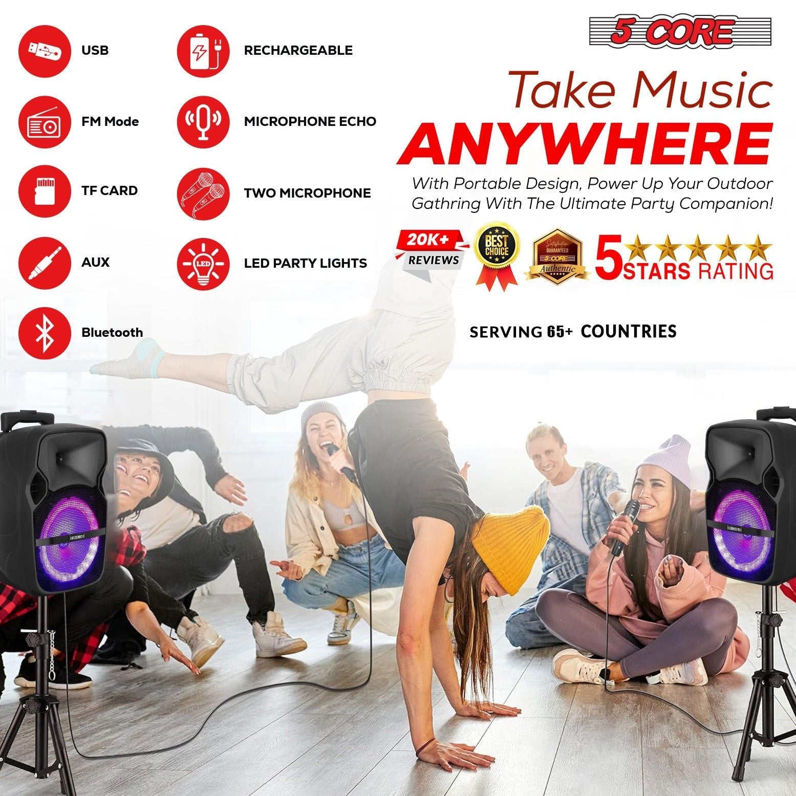 5 Core Party Speaker Bluetooth 250W Big Monster Powered Rechargeable Outdoor PA DJ System w Disco Lights 2 Wireless Karaoke Mics Portable Rolling Speakers w Handle Black - ACTIVE HOME 8 2-MIC