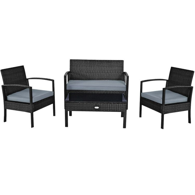 4 Pieces Patio Rattan Cushioned Furniture Set with Loveseat and Table Outdoor Conversation Sets
