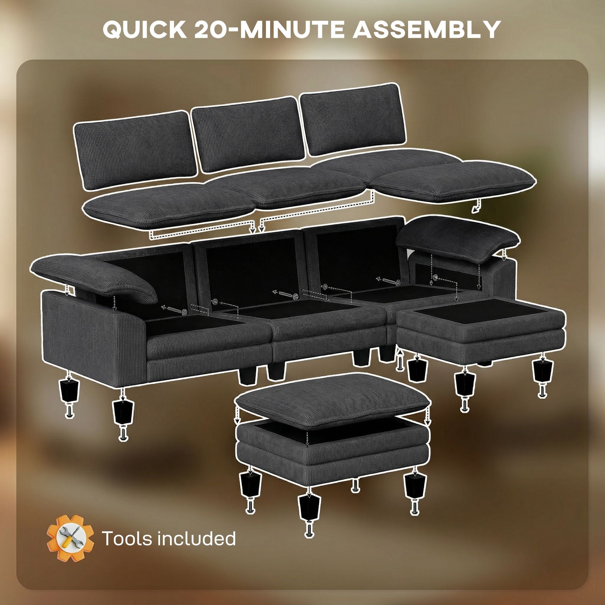Sectional Sofa, L Shaped Couch with Deep Seat, Movable Ottoman and Pillow-top Armrests, Dark Gray