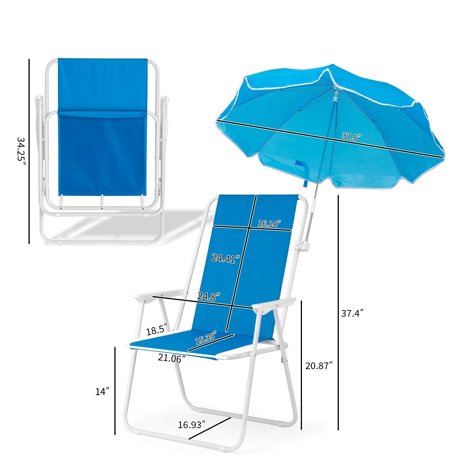 1 Pack Heavy Duty Steel Beach Chair with Umbrella, XL Size 15" Seat Height Royal Blue, Oxford Cloth with Support Bar, Single Position Adjustable, 120kg Load