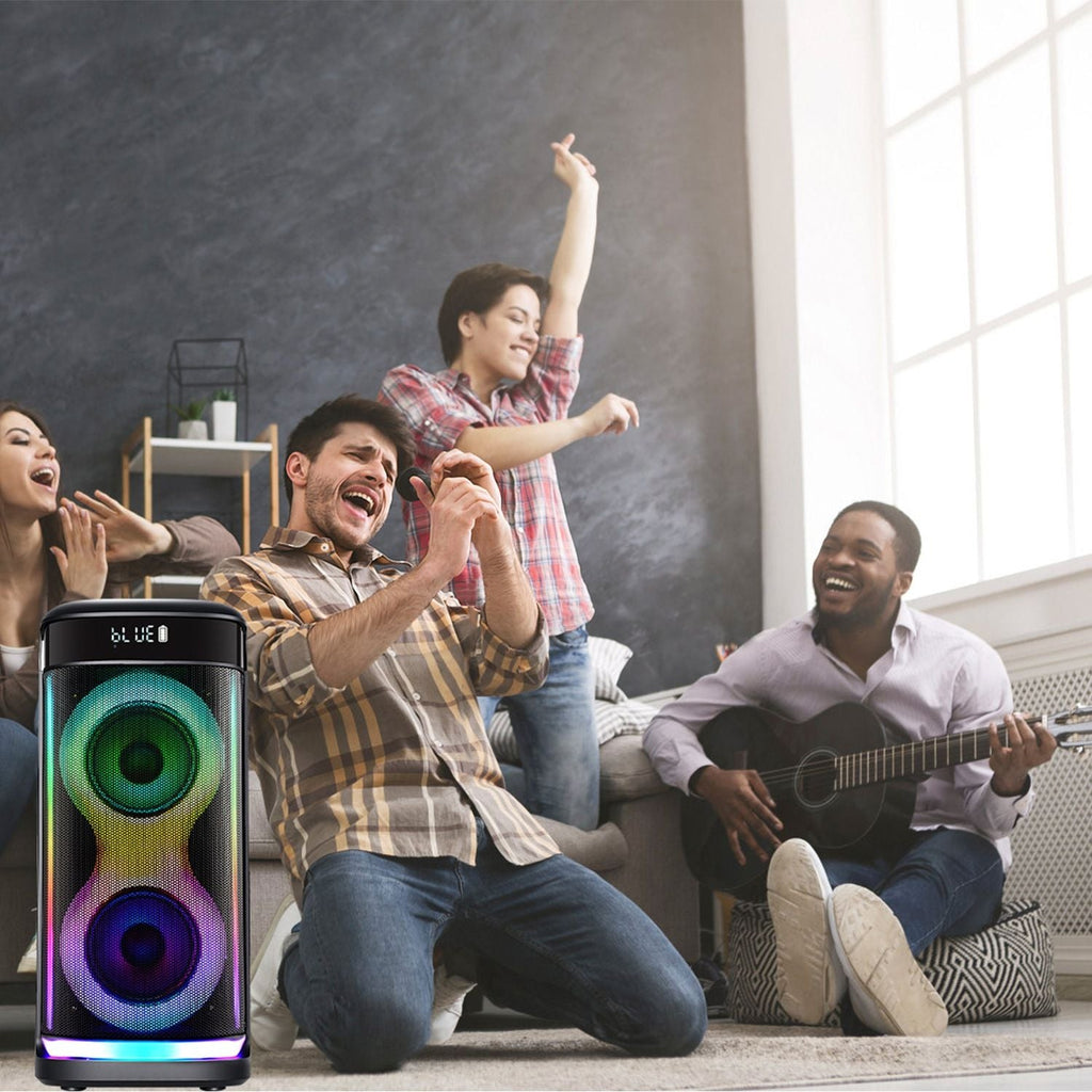 Portable Wireless Party Speaker with LED Light Wireless Mic Remote Control TWS Treble Bass Mic. Echo Music Accompany Mic. Priority Guitar In