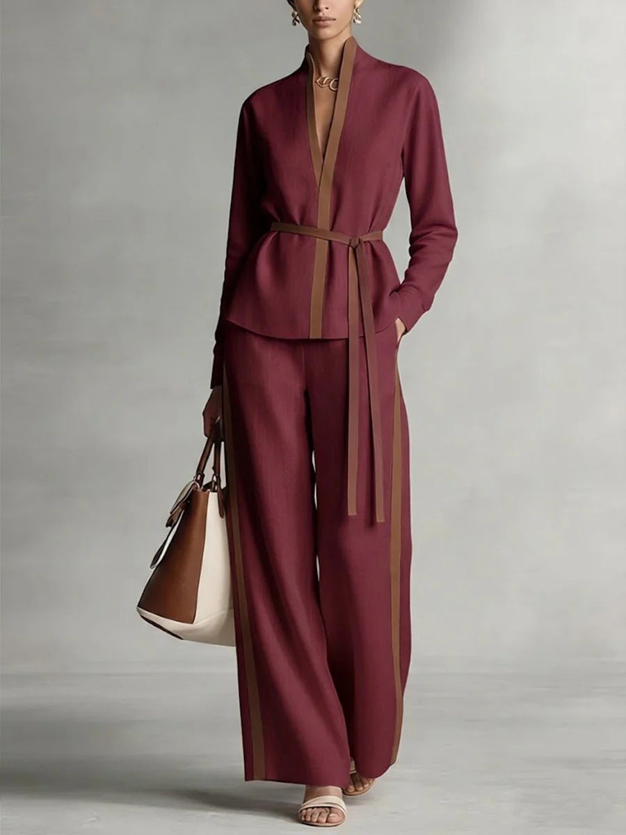 Women’s Patchwork Cardigan & Wide Leg Pants Two Piece Set