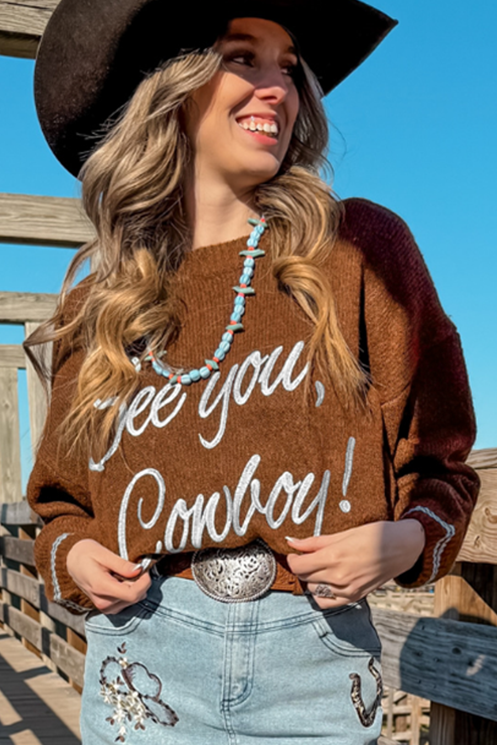 Peach Blossom Letter Embroidered Graphic Sweater