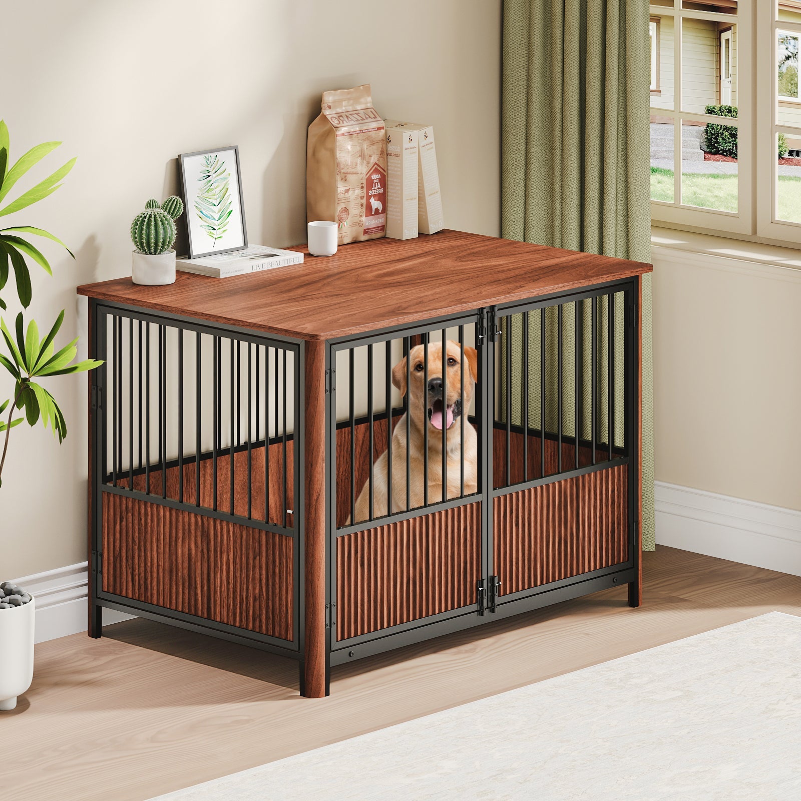 43'' Walnut Fluted Wood Furniture Style Dog Crate for Large & Medium Dogs - Double Door Design, Decorative Pet House & Indoor Side End Table.