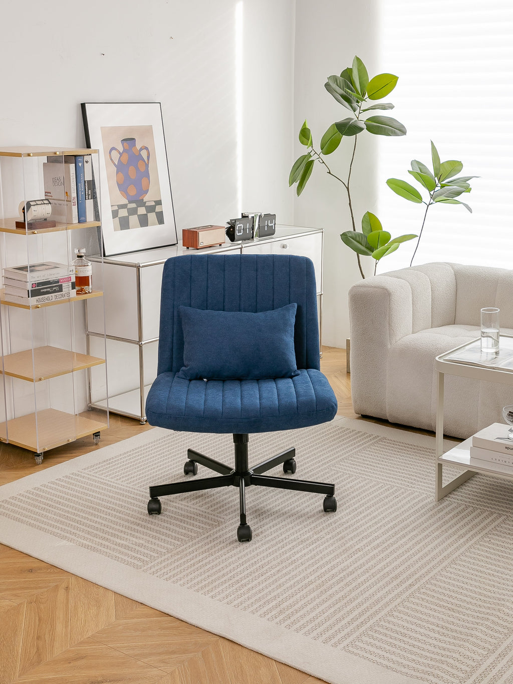 Swivel Office Chair Linen Blue Criss Cross Memory Foam 360 Degree 25.2 In