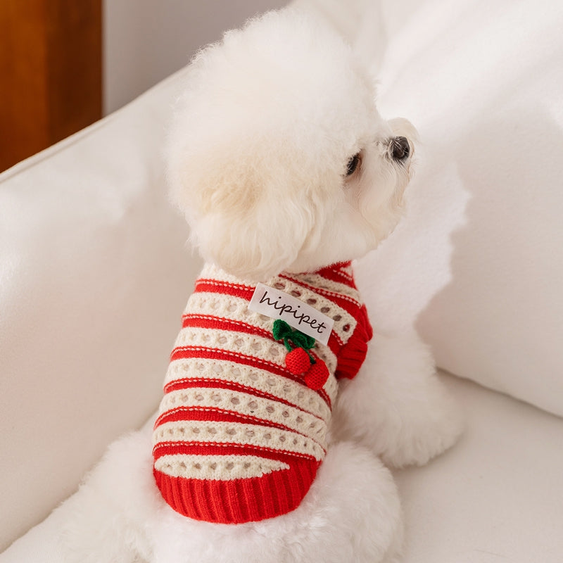 Autumn And Winter Dog Clothing, Warm, Hollowed-out Knitted Cherry Small Dog, Teddy Bichon, Cat Sweater, Pet Clothing
