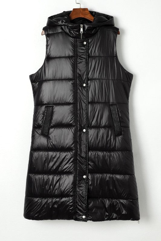 Solid Quilted Long Hooded Vest Coat