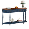 Retro Half-Moon Console Table with 2 Drawers & Open Shelf | 52" Curved Solid Wood Sofa Table — Navy Blue & Brown