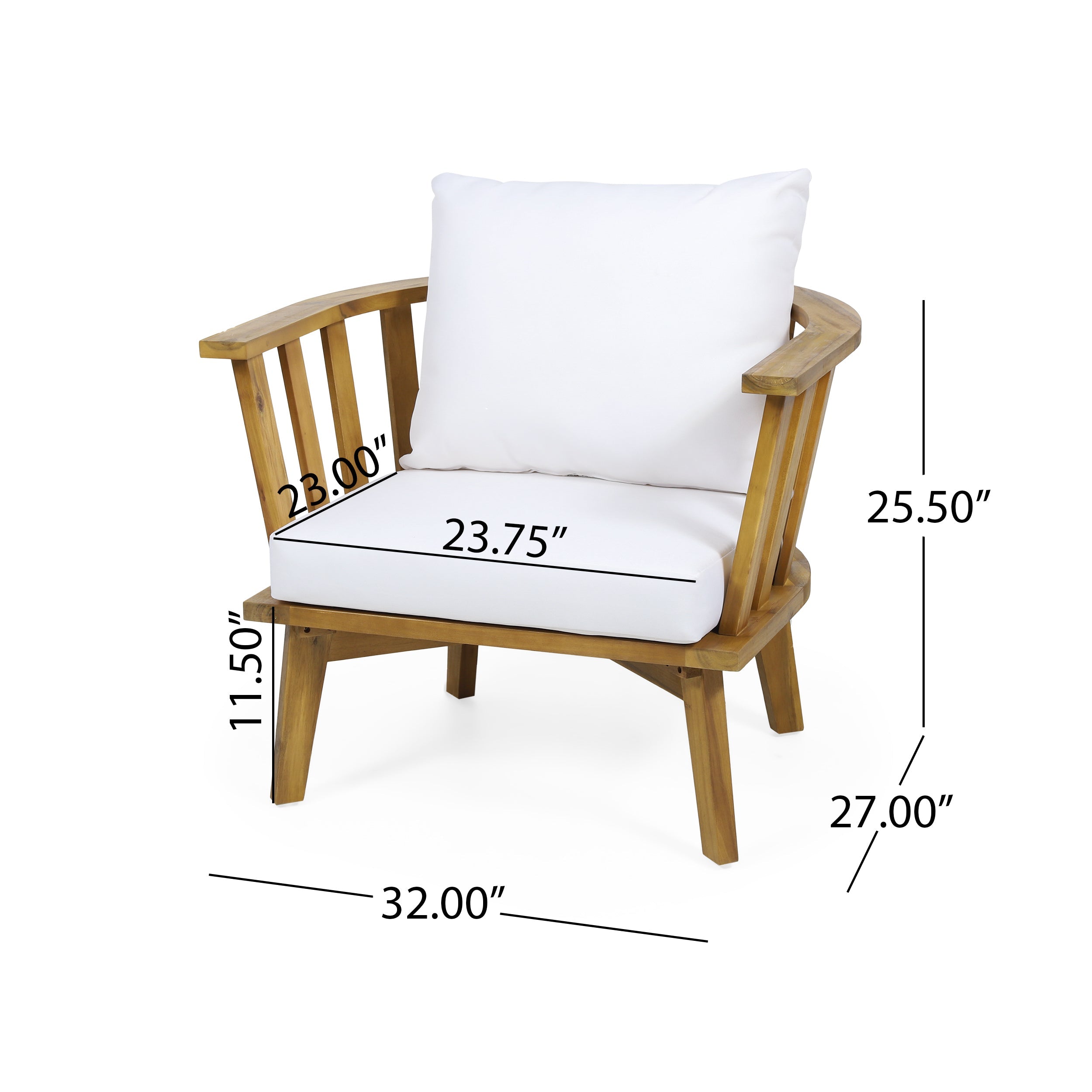 Outdoor Club Chair Acacia Wood White Water-Resistant Cushion 32x27x25.5 In