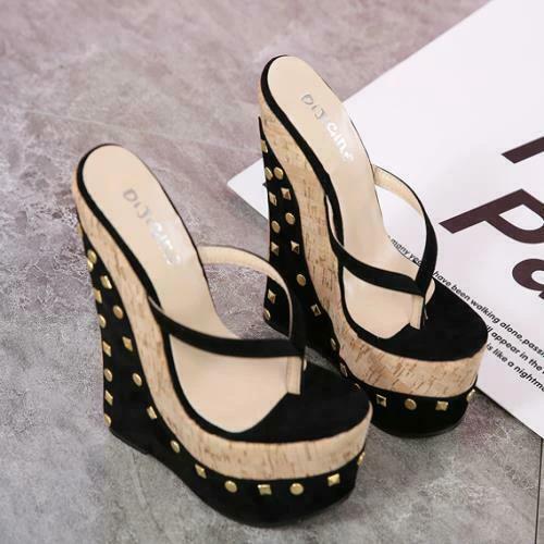 Roman Style Rivets Herringbone Flip Flops Wood Grain Wedge High Heels