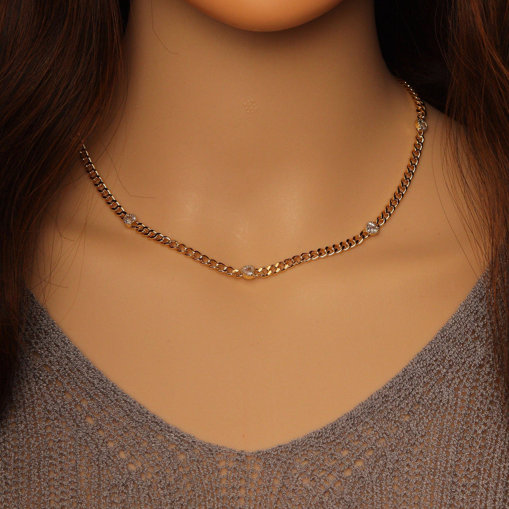 Gold Cuban Link Chain with Clear Heart Necklace,sku#LX228