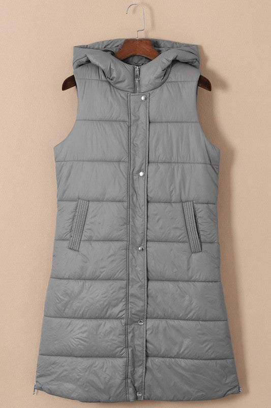 Solid Quilted Long Hooded Vest Coat