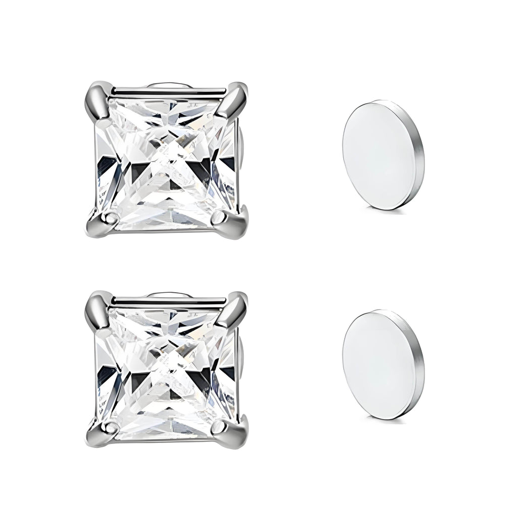 Stainless Steel Magnetic Princess Cut CZ Stud Earrings for Men Women, 6/8mm Square Cubic Zirconia Inlaid Magnetic Earrings Non-Piercing Clip On Studs