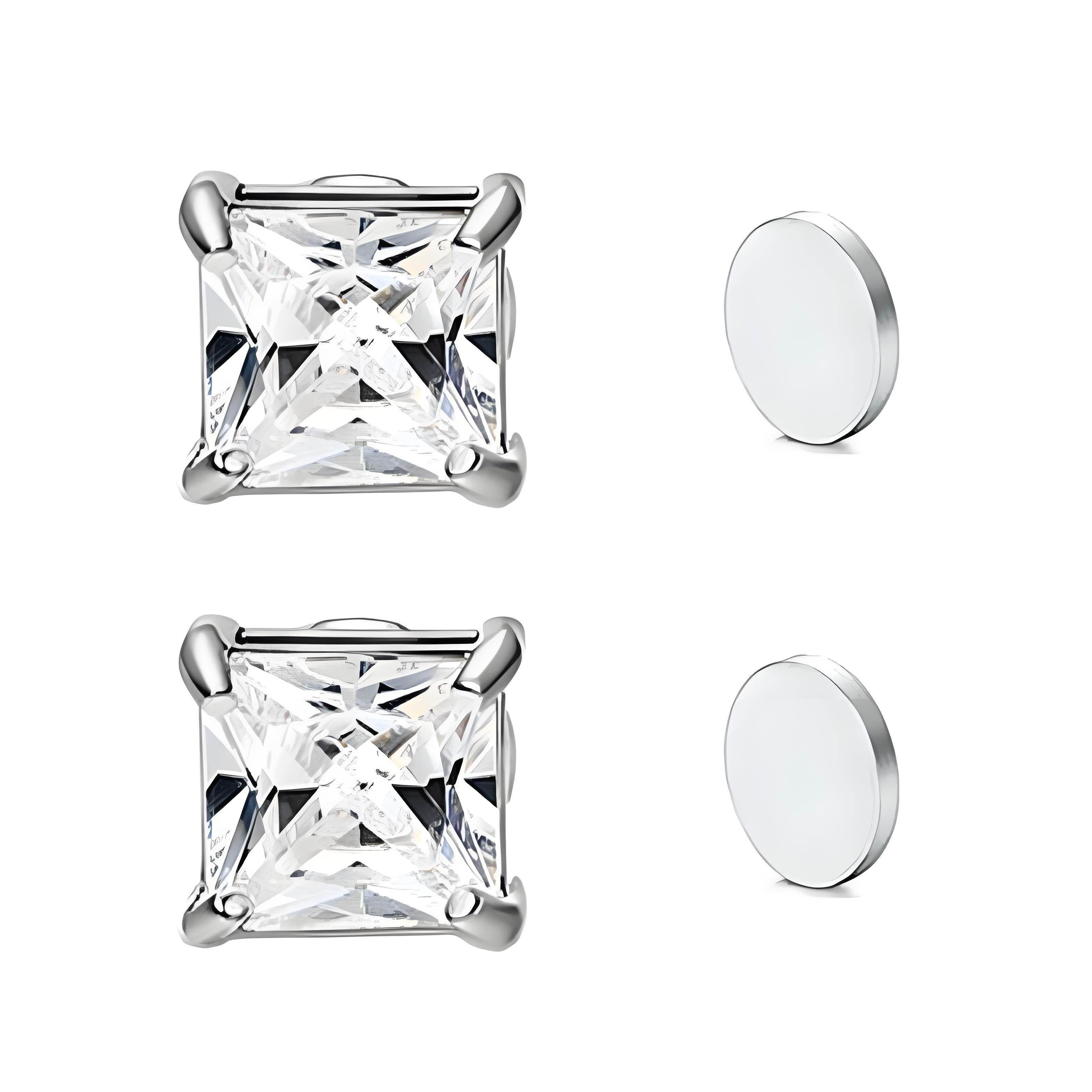 Stainless Steel Magnetic Princess Cut CZ Stud Earrings for Men Women, 6/8mm Square Cubic Zirconia Inlaid Magnetic Earrings Non-Piercing Clip On Studs