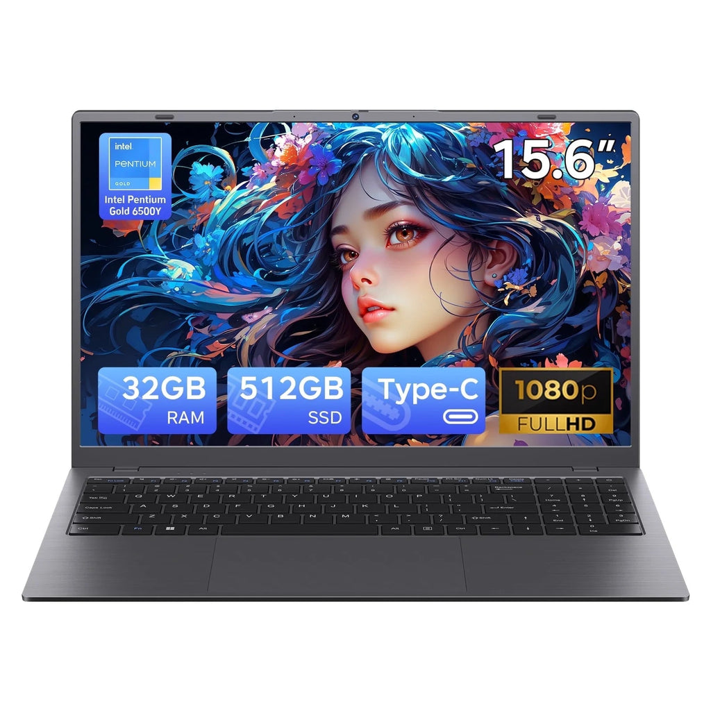 RNRUO 15.6" Windows 11 Laptop, 32GB RAM 512GB SSD, Intel Pentium Gold 6500Y up to 3.4Ghz with Office 2024 1920*1080 IPS FHD Display for Student, Home Office, Business, Dard Gray