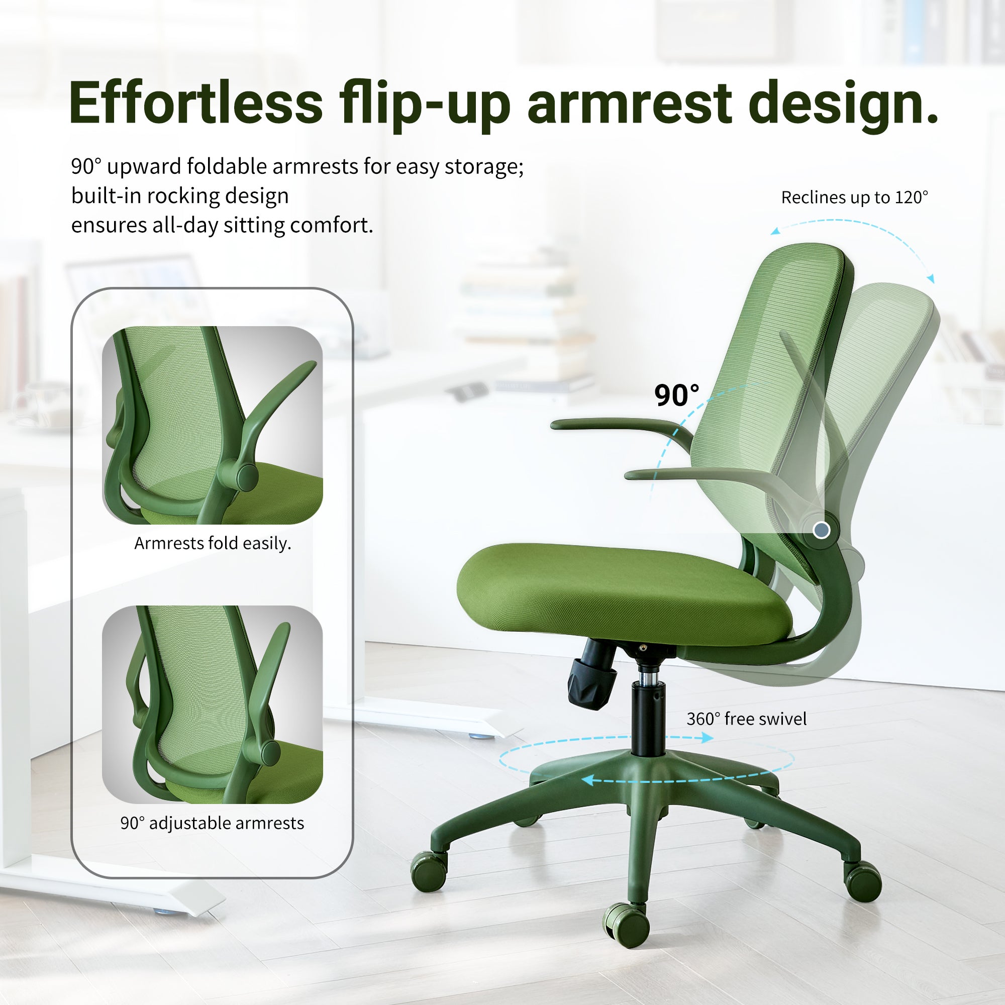 Ergonomic Office Chair Mesh High-Back Green 350 LB Flip-Up Arms Swivel