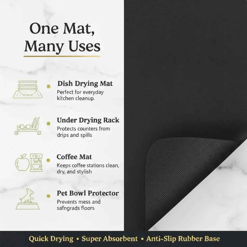 Strabella Dish Drying Mat - Super Absorbent, Quick Dry, Non-Slip in Black