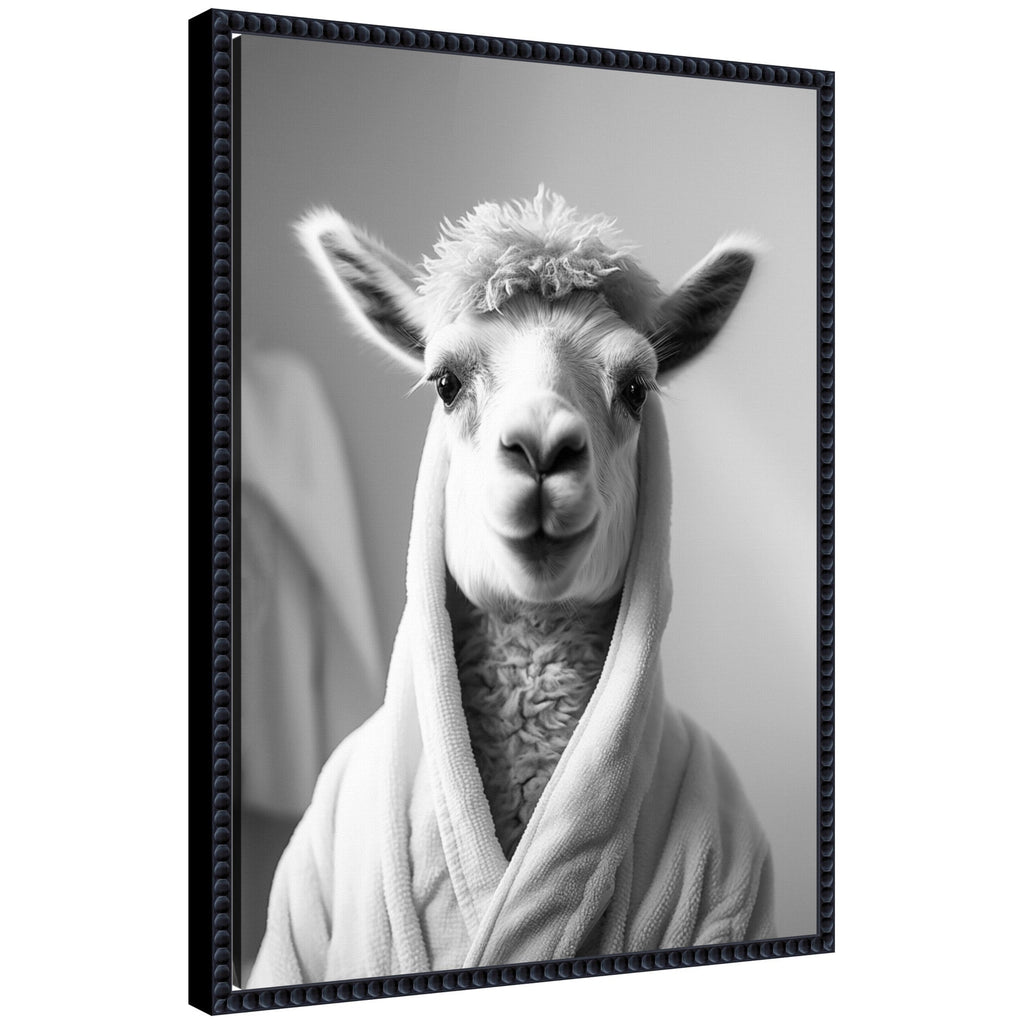 Sylvie Llama Bathroom Art Towel Robe Black and White Framed Canvas by The Creative Bunch Studio