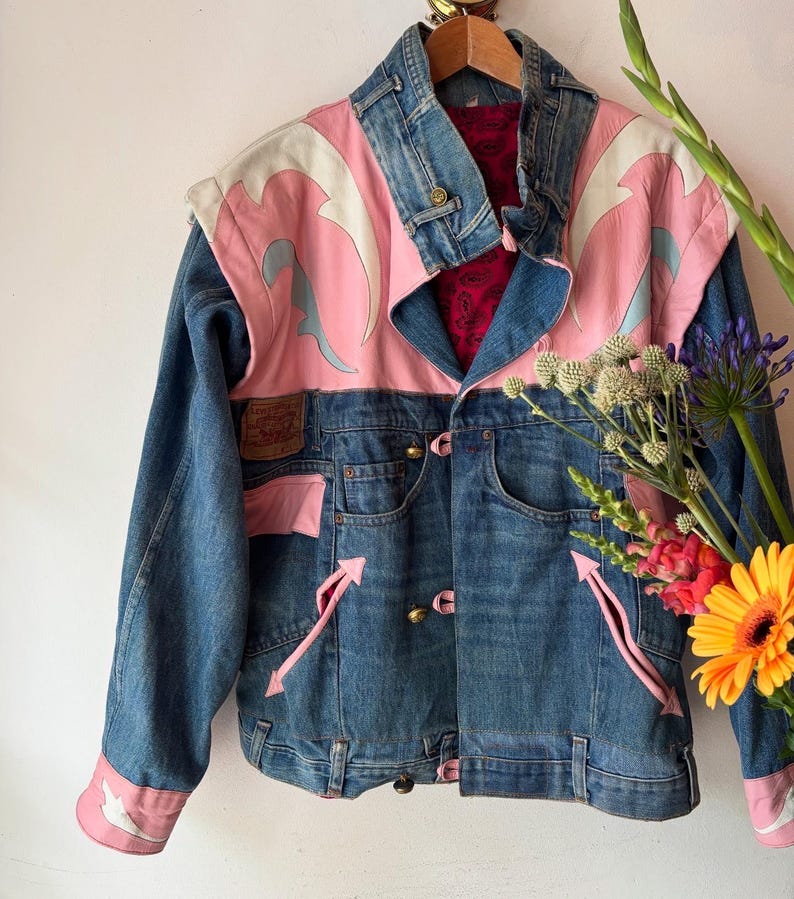 Vintage 80s Denim pink leather statement Jacket