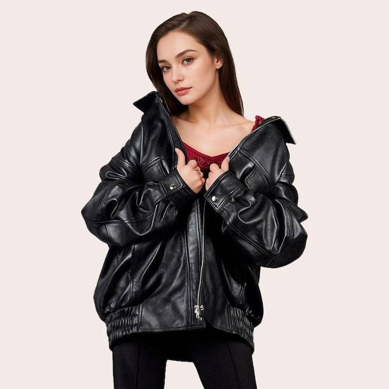 Women's Bomber Oversized Leather Jacket, Women 1980's Style Jacket, Ladies Black Bomber Jacket, Soft Leather, Gift For Her, Real Leather